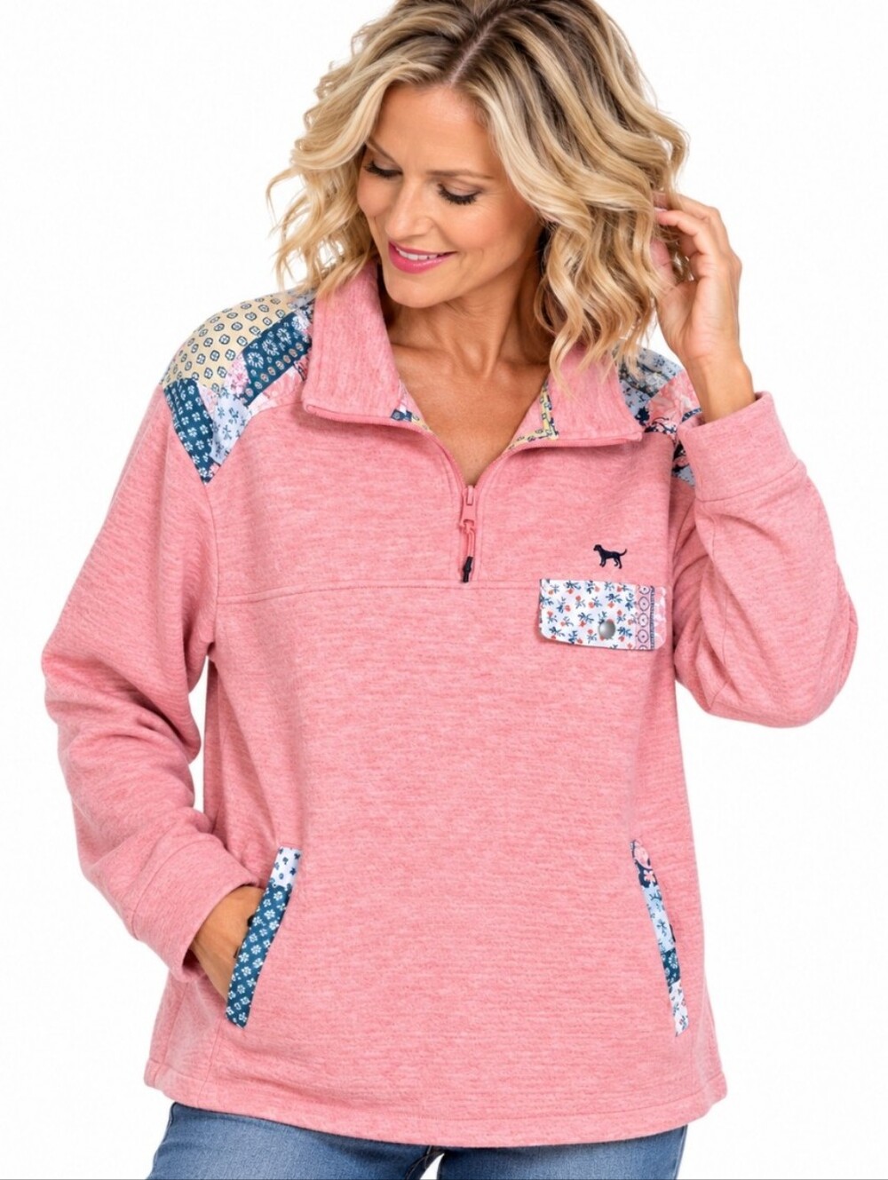 Simply Southern Collection XL Pink Patchwork Quarter Zip Pullover Floral Preppy